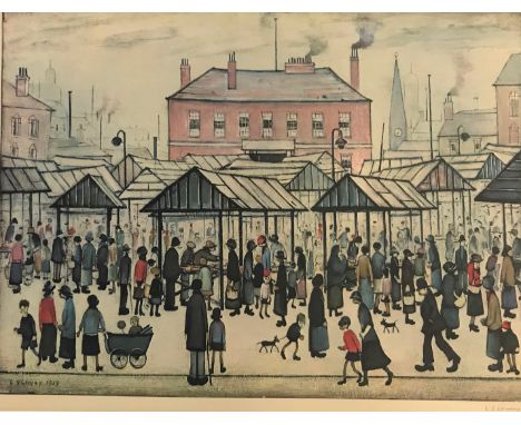 L. S. LOWRY RBA RA (1887-1986). Framed, glazed print signed in pencil to margin, Market Scene, Northern Town, original work d
