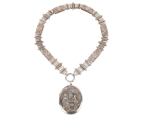 A Victorian silver chinoiserie locket pendant necklace, circa 1880, the oval pendant relief embossed with detailed interior s