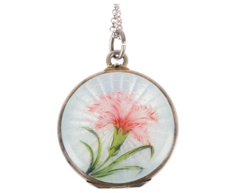 A Continental silver and enamel Dianthus flower locket pendant necklace, circa 1920, on sterling belcher link chain, pendant 