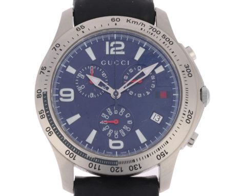 GUCCI - a stainless steel G-Timeless quartz chronograph wristwatch, ref. 126.2, blue dial with luminous quarterly Arabic nume