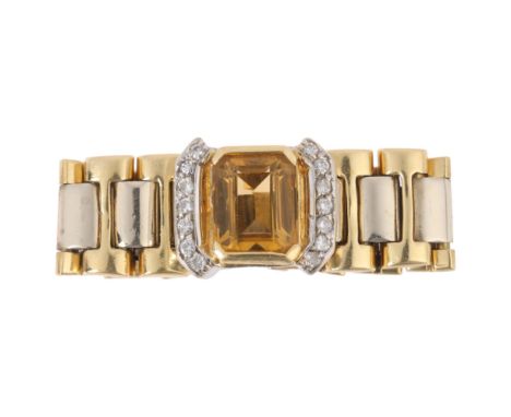 An Italian 18ct two-colour gold citrine and diamond flexible ring, set with octagonal step-cut citrine and modern round brill