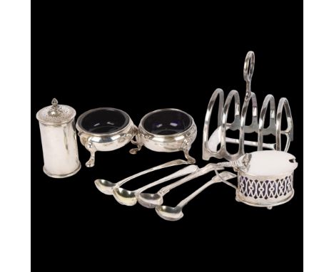 Various silver, including salt cellars, mustard pot, pepperette and spoons, 8.6oz weighableLot sold as seen unless specific i