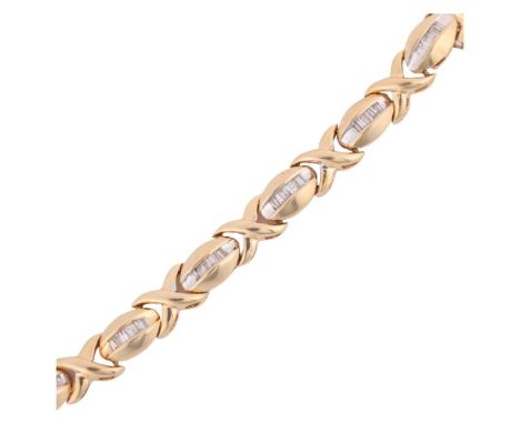 A modern diamond XO link tennis line bracelet, set with baguette-cut diamonds, apparently unmarked, 17.5cm, 16gNo damage or r