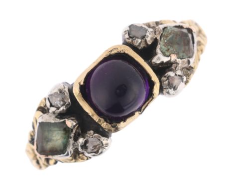 A Georgian amethyst chrysolite and diamond ring, centrally set with round cabochon amethyst flanked by lozenge-cut chrysolite