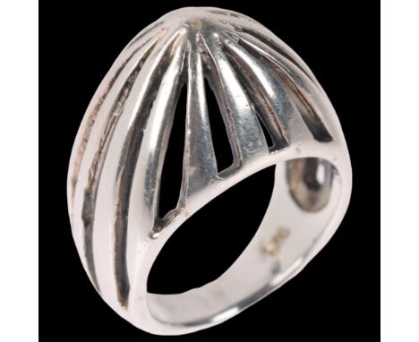 A Danish modernist sterling silver openwork bombe ring, no maker, setting height 15mm, size M, 10.2gNo damage or repair, only