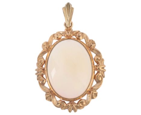 A late 20th century 9ct gold opal drop pendant, maker HBJ, London 1979, rub-over set with oval cabochon opal, within foliate 
