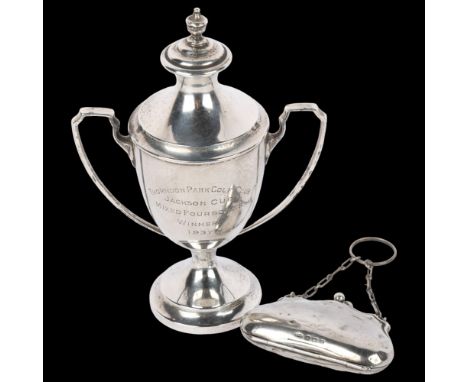 A silver presentation 2-handled trophy and cover, and a silver coin purse, 5.5oz gross (2) Lot sold as seen unless specific i