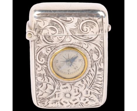 A Victorian novelty silver compass Vesta case, Thomas Hayes, Birmingham 1897, allover engraved foliate decoration, 4cm x 3cmN