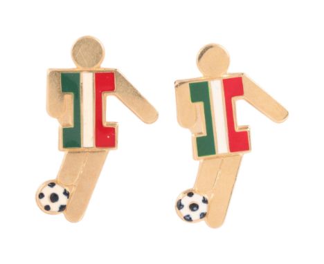 A pair of Italian 18ct gold and enamel 1990 Italy FIFA Football World Cup mascot lapel pin badges, 22mm, 3.4gNo damage or rep