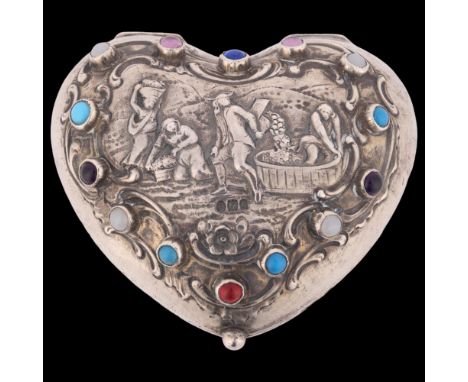 A German silver and glass heart box, import London 1901, relief embossed decoration, 7.5cm, 2.4ozA few very light dents and g