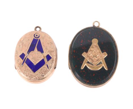 2 Antique Masonic locket pendants, comprising bloodstone example, and blue enamel double-sided example, largest 34.1mm, 16.2g