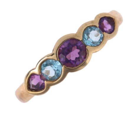 A 9ct gold five stone amethyst and blue topaz half hoop ring, setting height 5.4mm, size M, 2.3gNo damage or repair, full UK 