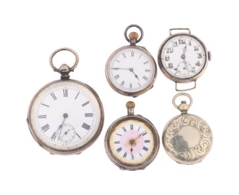 3 silver pocket watches, a silver wristwatch head, and a silver plated sovereign case (5)Lot sold as seen unless specific ite