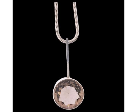 NIELS ERIK FROM - a Danish modernist sterling silver smoky quartz drop pendant necklace, set with round-cut smoky quartz, pen