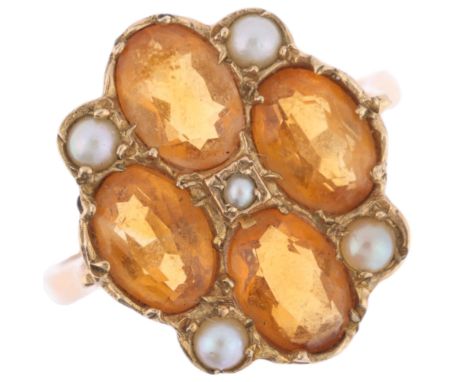 A 9ct gold citrine and pearl chequerboard plaque ring, maker HBJ, London 1975, setting height 17.7mm, size O, 4.4gNo damage o