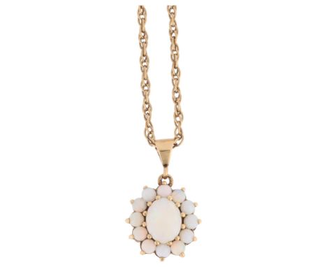 A 9ct gold opal flowerhead cluster pendant necklace, claw set with oval and round cabochon opals, on 9ct Prince of Wales link