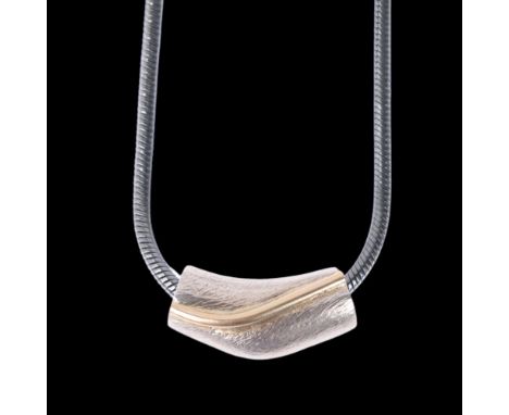 SCROUPLES - a Danish modernist gilded and oxidised sterling silver slider pendant necklace, on oxidised silver snake link cha