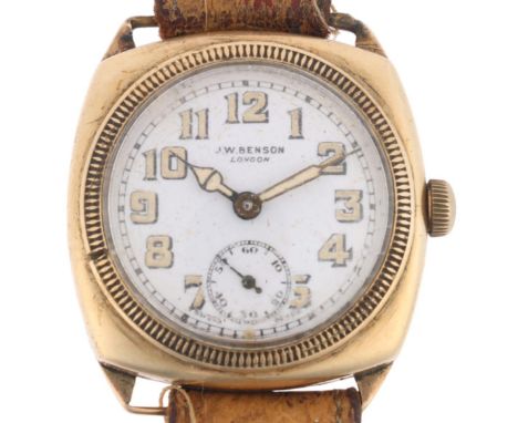 J W BENSON - an early 20th century 9ct gold cushion cased mechanical wristwatch, white dial with Arabic numerals, blued steel