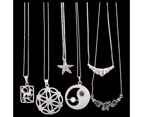 6 Danish silver pendant necklaces, makers include Aage Kristensen, and Aagaard, starfish 19.4mm, 40.7g total (6)No damage or 