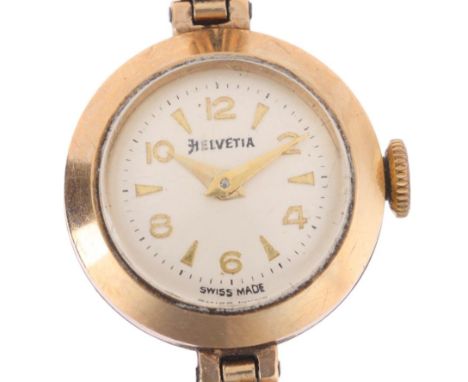 HELVETIA - a lady's 9ct gold mechanical bracelet watch, silvered dial with applied gilt eighthly Arabic numerals, dauphine ha