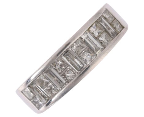 An 18ct white gold diamond half eternity ring, maker JSN, channel set with Princess and baguette-cut diamonds, total diamond 