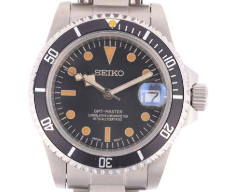 SEIKO -  a custom stainless steel GMT-Master automatic bracelet watch, black dial with luminous dot and baton hour markers, l