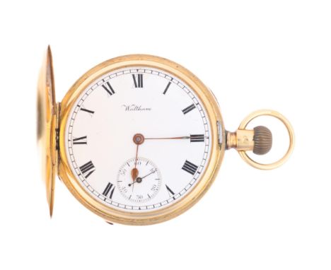 WALTHAM - an early 20th century 18ct gold full hunter keyless pocket watch, white enamel dial with hand painted Roman numeral