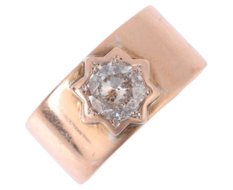 A large 9ct rose gold 1ct single stone diamond band ring, star set with modern round brilliant-cut diamond, colour approx I/J