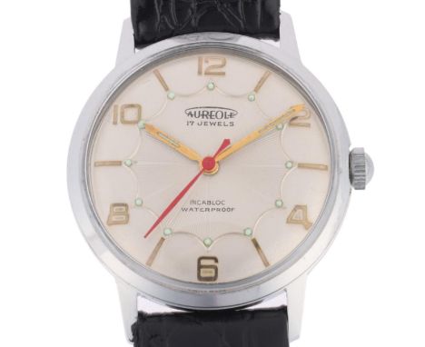 AUREOLE - a Vintage stainless steel mechanical wristwatch, silvered spiderweb dial with applied gilt eighthly Arabic numerals