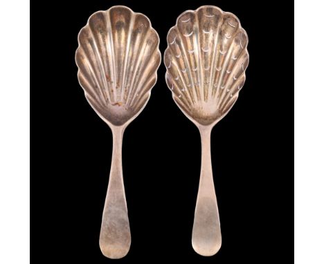 2 Victorian silver shell bowl spoons, Francis Higgins III, London 1897 and 1899, comprising sifter and caddy spoons, 10.5cm (