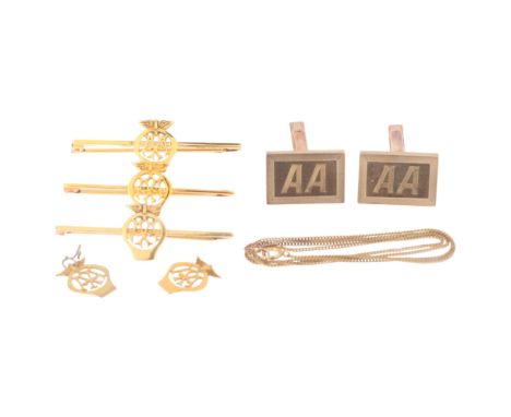 A group of 9ct gold AA motoring jewellery, including cufflinks, brooches, etc, 22.5g totalLot sold as seen unless specific it