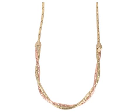 A 9ct two-colour gold woven chain necklace, maker FRS Ltd, import London 1980, textured decoration, 38cm, 14.5gNo damage or r