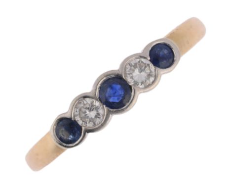 A 9ct gold five stone sapphire and diamond half hoop ring, setting height 3.9mm, size M, 2.7gNo damage or repair, all stones 