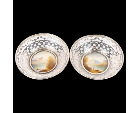 A pair of George V silver-mounted Royal Worcester porcelain 'Castle Ruins' bon bon dishes, Sanders & Mackenzie, Birmingham 19