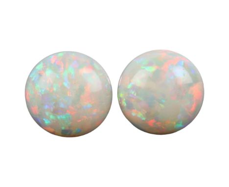 A pair of Edwardian 9ct white gold opal earrings, each set with round cabochon white opal, with screw-back fittings, opals me
