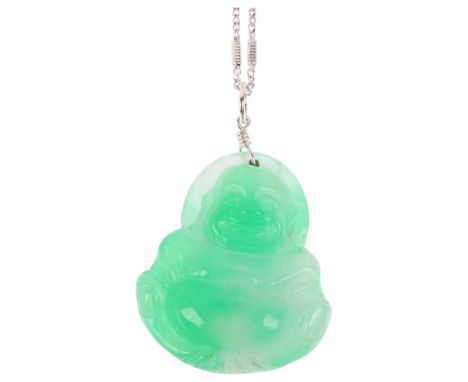 An 18ct white gold carved jade seated Buddha pendant necklace, on 9ct white gold fancy link chain, pendant 50.8mm, chain 55cm