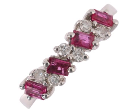 A 9ct gold ruby and diamond half hoop ring, maker A&GL, London 1989, claw set with rectangular step-cut rubies and modern rou