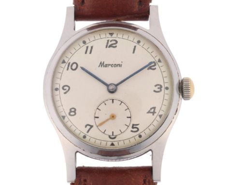 MARCONI - a Vintage stainless steel mechanical wristwatch, circa 1940s, silvered dial with black Arabic numerals, blued steel