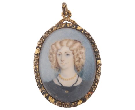 A large Georgian miniature portrait mourning pendant, circa 1800, the central miniature watercolour portrait depicting lady i