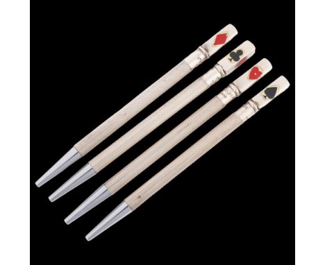 A set of 4 Art Deco sterling silver playing card Bridge pencils, 9cm, in fitted case A few small chips to applied stickers, o