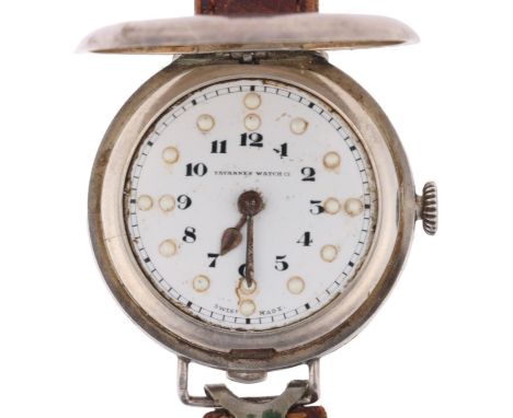 TAVANNES WATCH CO - an early 20th century Swiss sterling silver braille full hunter mechanical wristwatch, white enamel dial 