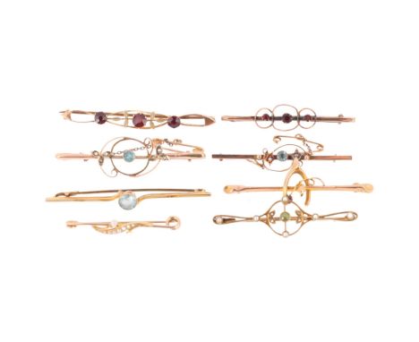8 Art Nouveau gold gem set bar brooches, comprising 1 x 15ct (2.8g gross), and 7 x 9ct (14g gross) (8)Lot sold as seen unless