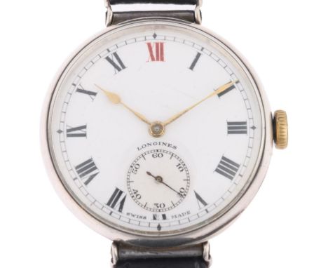 LONGINES - an early 20th century sterling silver Officer's style trench mechanical wristwatch, circa 1930s, white enamel dial