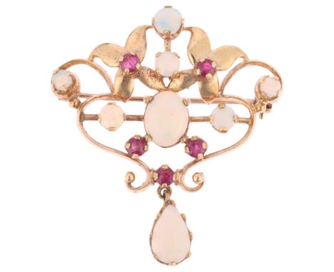 A late 20th century 9ct gold ruby and opal openwork pendant/brooch, maker PSR, London 1976, in the Victorian style, set with 