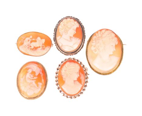 5 shell cameo brooches, including 4 examples with gold frames, largest overall 47.9mm, 43.9g gross (5)Lot sold as seen unless