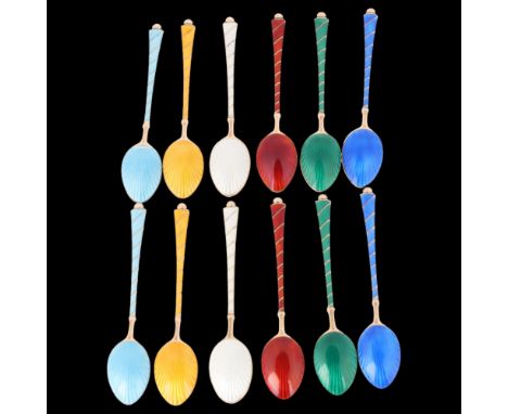 EGON LAURIDSEN - a set of 12 Danish modernist vermeil sterling silver and harlequin enamel coffee spoons, with enamel shell b