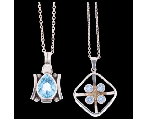 2 Scandinavian sterling silver blue topaz pendant necklaces, makers HKH and GEO, on sterling cable link chains, largest penda