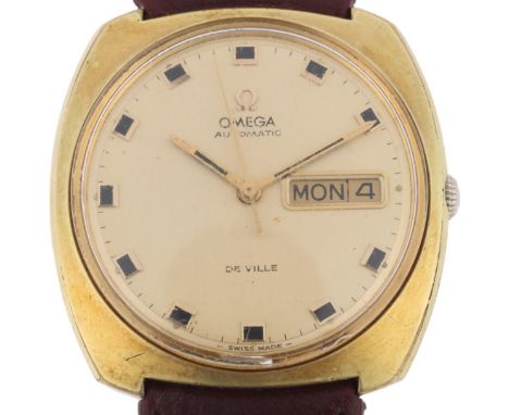 OMEGA - a Vintage gold plated De Ville automatic calendar wristwatch, circa 1960s, champagne dial with applied block hour mar
