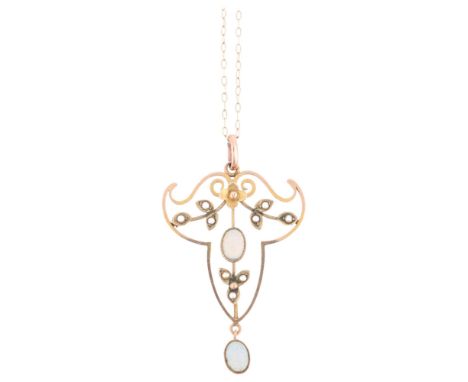 An Edwardian Art Nouveau 9ct rose gold opal and split pearl openwork pendant necklace, on 9ct fine cable link chain, pendant 