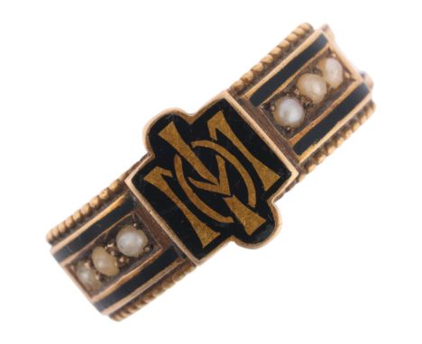A Victorian 15ct gold split pearl and black enamel 'In Memory Of' mourning ring, maker H&S, the central panel with IMO monogr
